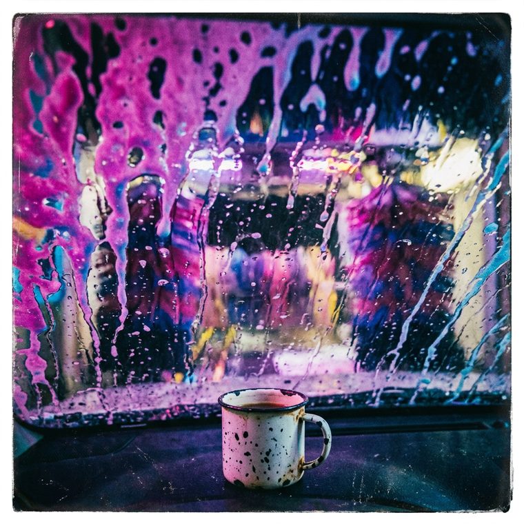 The view through a car windscreen inside an automatic car wash, magenta and blue foam sheeting down the glass, a chipped enamel mug on the dashboard