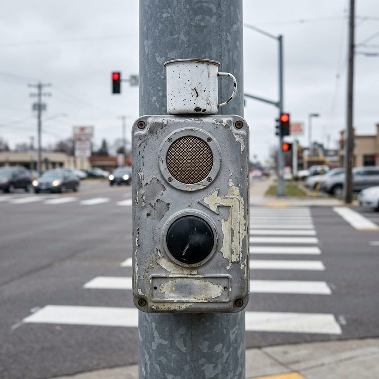 A weathered pedestrian crossing button on a signal pole, its speaker grille above the worn arrow, a chipped enamel mug balanced on the housing, a wide crosswalk behind