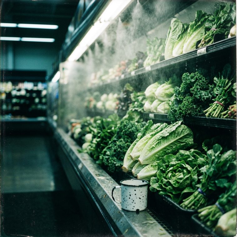 A supermarket produce wall caught mid-mist, fine water falling over stacked greens under white light, a chipped enamel mug on the shelf edge, the aisle empty